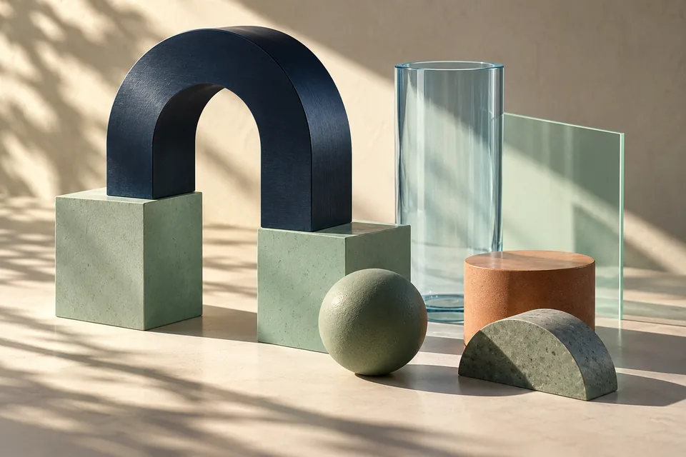 A sculptural composition of complementary pieces connected by an arch.